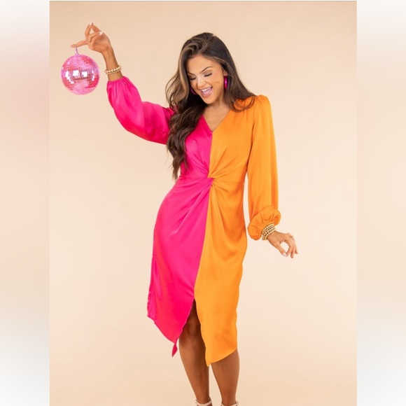 Fushia-Orange Twist Front Dress - Picture 2 of 5